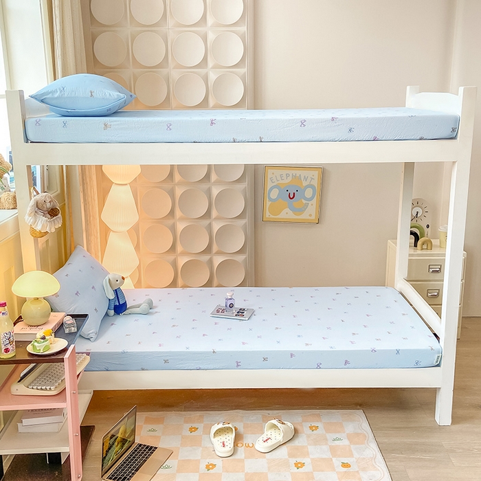 91家纺网 家纺一手货源 找家纺 眠势力 2025新款ins云感双层纱学生宿舍上下铺奶油风云感四季款单床笠床笠单件 蓝调蝴蝶结