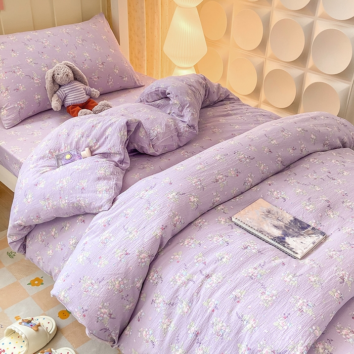 91家纺网 家纺一手货源 找家纺 眠势力 2025新款ins云感双层纱学生宿舍上下铺奶油风云感四季款单床笠床笠单件 紫色花海