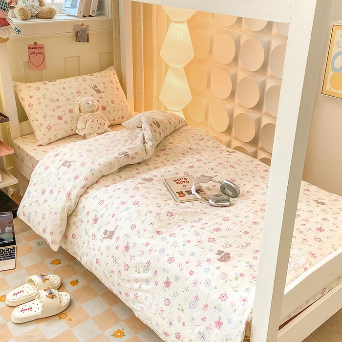 91家纺网 家纺一手货源 找家纺 眠势力 2025新款ins云感双层纱学生宿舍上下铺奶油风云感四季款单床笠床笠单件 花丛猫咪