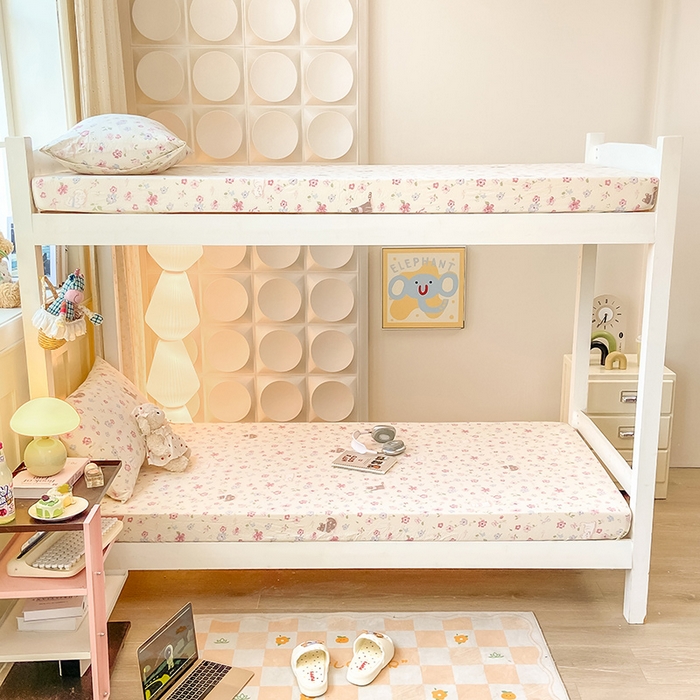 91家纺网 家纺一手货源 找家纺 眠势力 2025新款ins云感双层纱学生宿舍上下铺奶油风云感四季款单床笠床笠单件 花丛猫咪