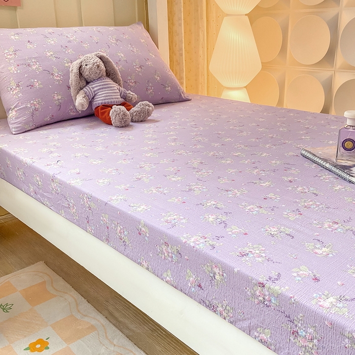 91家纺网 家纺一手货源 找家纺 眠势力 2025新款ins云感双层纱学生宿舍上下铺奶油风云感四季款单床笠床笠单件 紫色花海