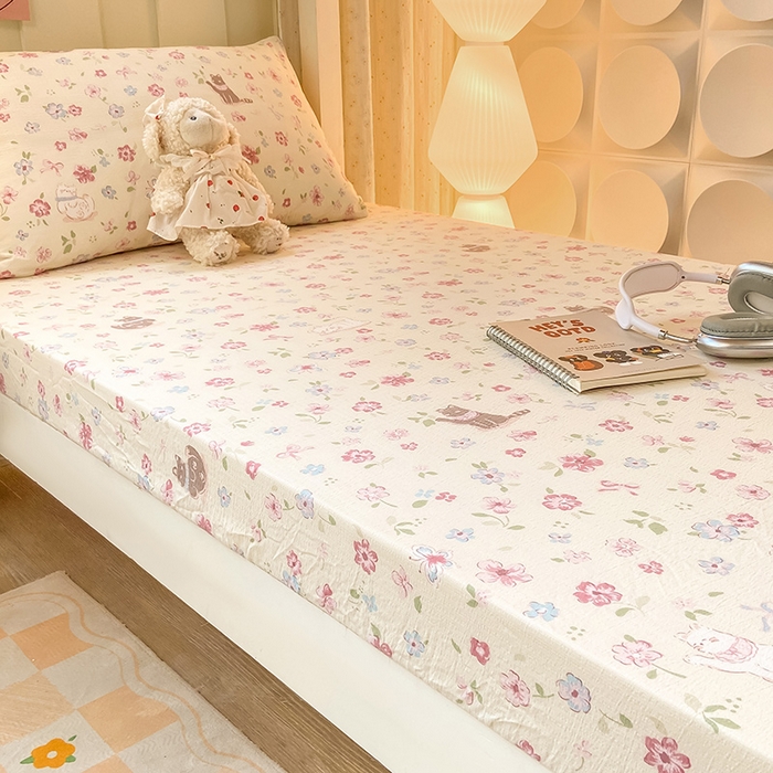 91家纺网 家纺一手货源 找家纺 眠势力 2025新款ins云感双层纱学生宿舍上下铺奶油风云感四季款单床笠床笠单件 花丛猫咪