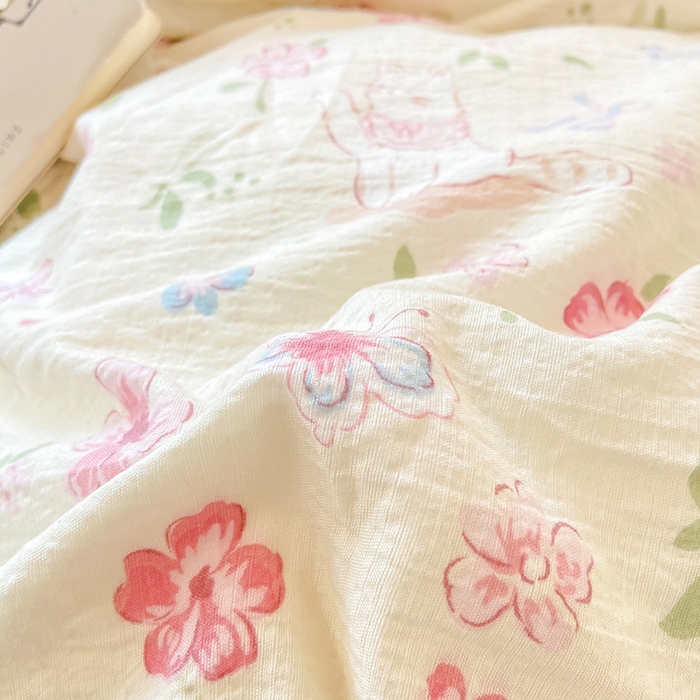 91家纺网 家纺一手货源 找家纺 眠势力 2025新款ins云感双层纱学生宿舍上下铺奶油风云感四季款单床笠床笠单件 花丛猫咪