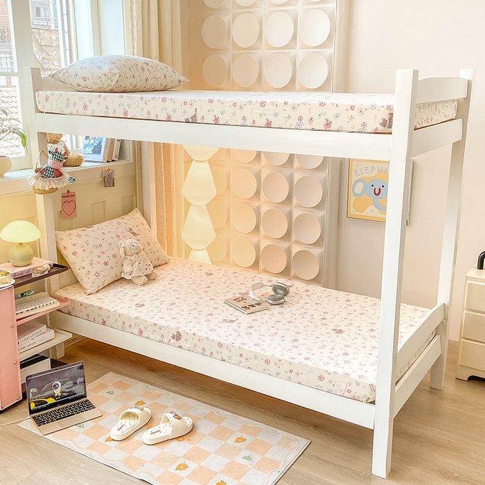 91家纺网 家纺一手货源 找家纺 眠势力 2025新款ins云感双层纱学生宿舍上下铺奶油风云感四季款单床笠床笠单件 花丛猫咪