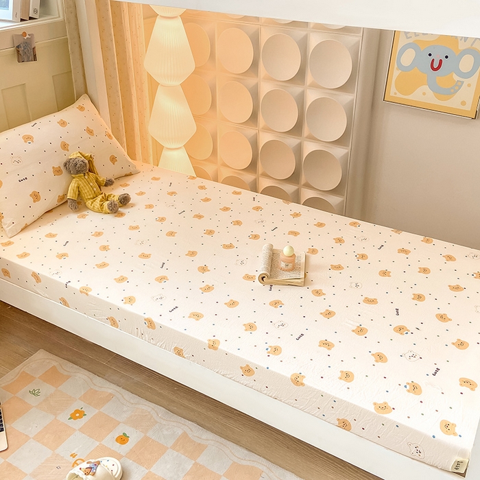 91家纺网 家纺一手货源 找家纺 眠势力 2025新款ins云感双层纱学生宿舍上下铺奶油风云感四季款单床笠床笠单件 波点小熊