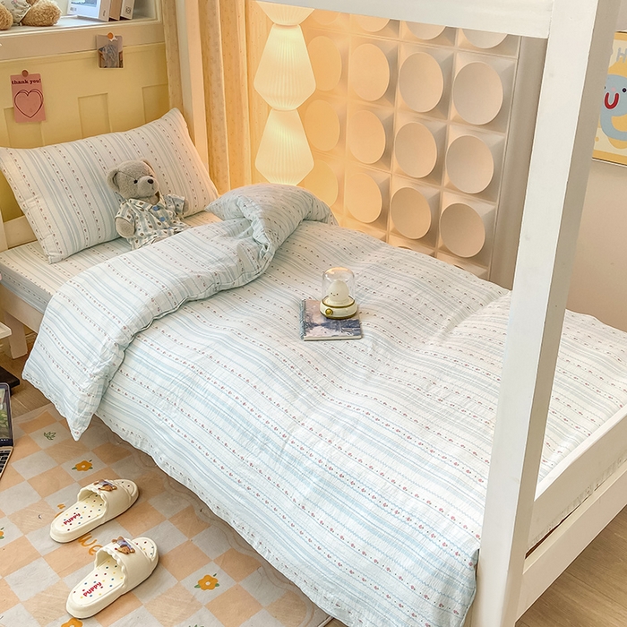 91家纺网 家纺一手货源 找家纺 眠势力 2025新款ins云感双层纱学生宿舍上下铺奶油风云感四季款单床笠床笠单件 一路生花