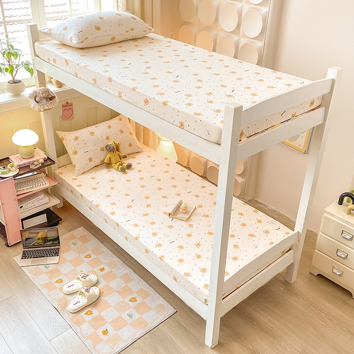 91家纺网 家纺一手货源 找家纺 眠势力 2025新款ins云感双层纱学生宿舍上下铺奶油风云感四季款单床笠床笠单件 波点小熊