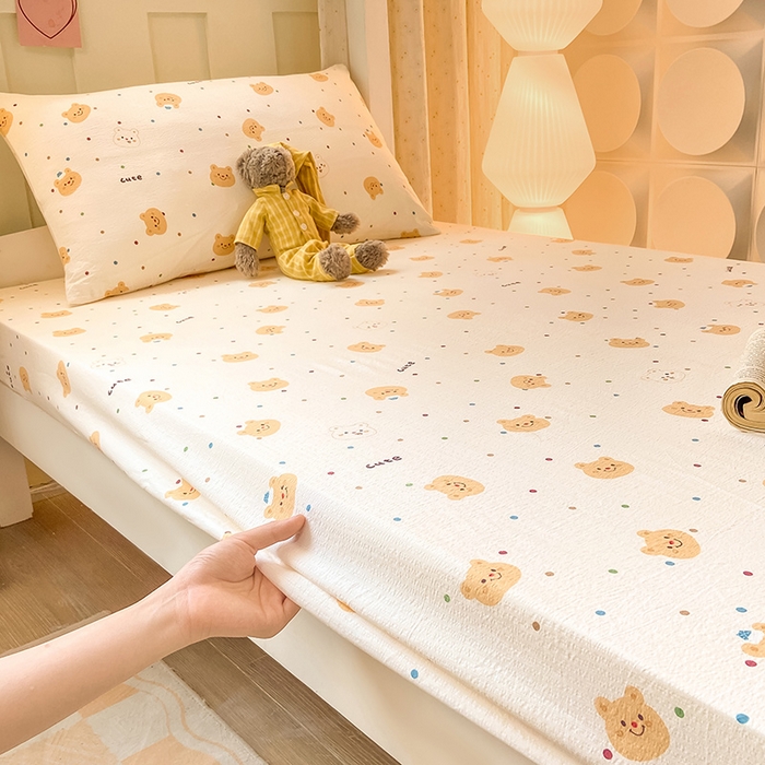 91家纺网 家纺一手货源 找家纺 眠势力 2025新款ins云感双层纱学生宿舍上下铺奶油风云感四季款单床笠床笠单件 波点小熊