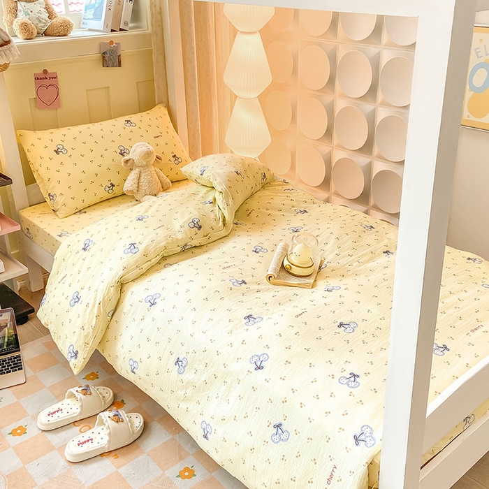 91家纺网 家纺一手货源 找家纺 眠势力 2025新款ins云感双层纱学生宿舍上下铺奶油风云感四季款单床笠床笠单件 樱桃丸子