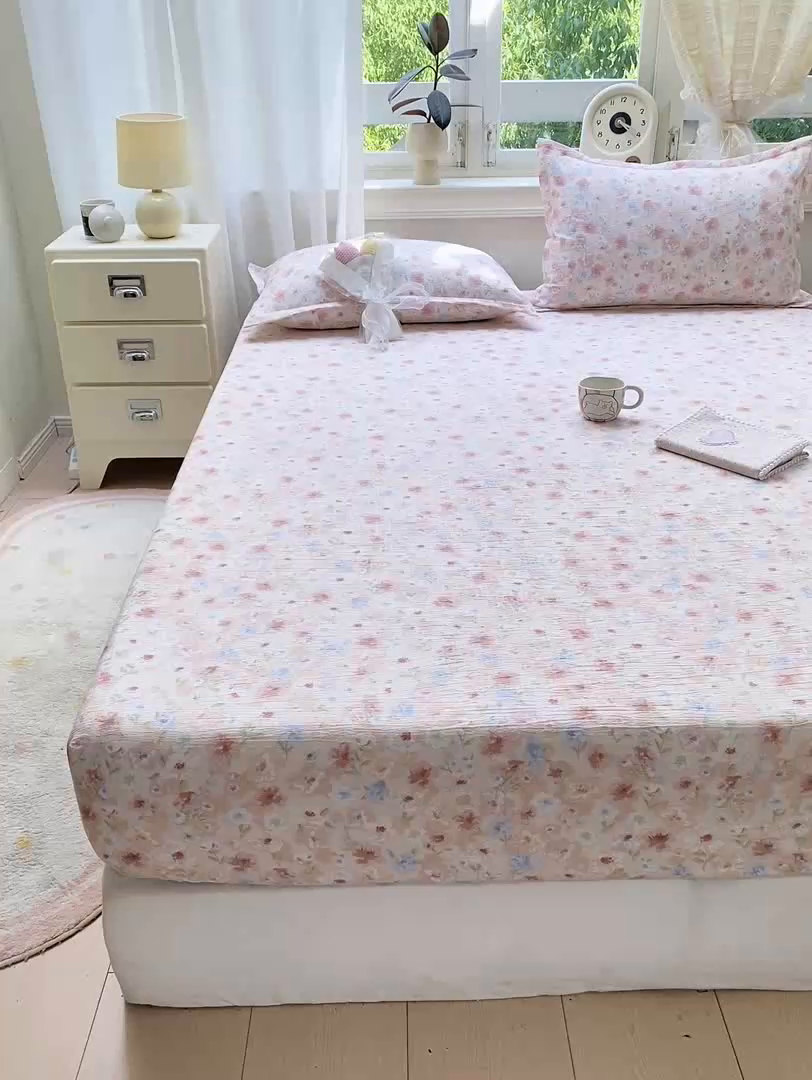 91家纺网 家纺一手货源 找家纺 米柳家纺 2025新款直播爆款7A抗菌简约木棉皱皱纱床笠（抖音控价单件49.9 三件套59.9） 粉黛