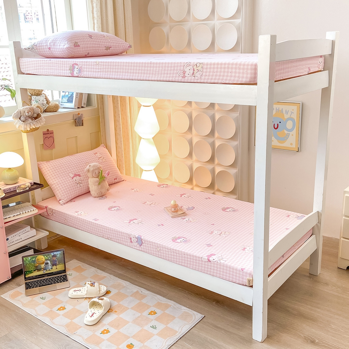 91家纺网 家纺一手货源 找家纺 眠势力 2025新款ins云感双层纱学生宿舍上下铺奶油风云感四季款单床笠床笠单件 乖乖兔