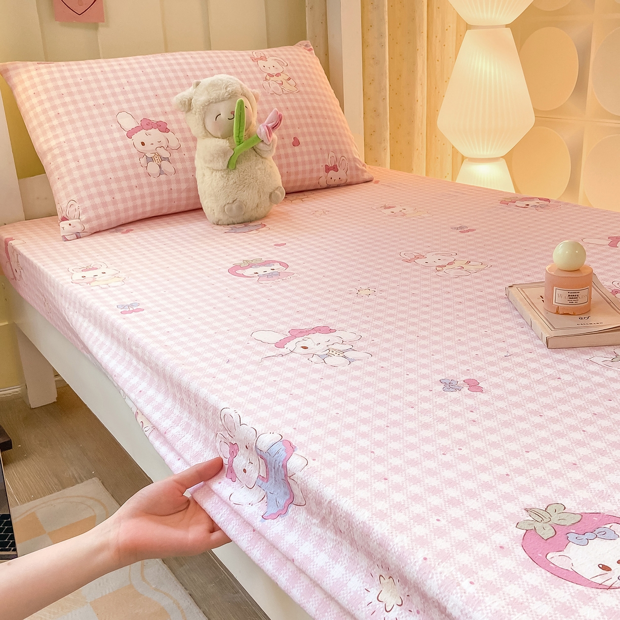 91家纺网 家纺一手货源 找家纺 眠势力 2025新款ins云感双层纱学生宿舍上下铺奶油风云感四季款单床笠床笠单件 乖乖兔