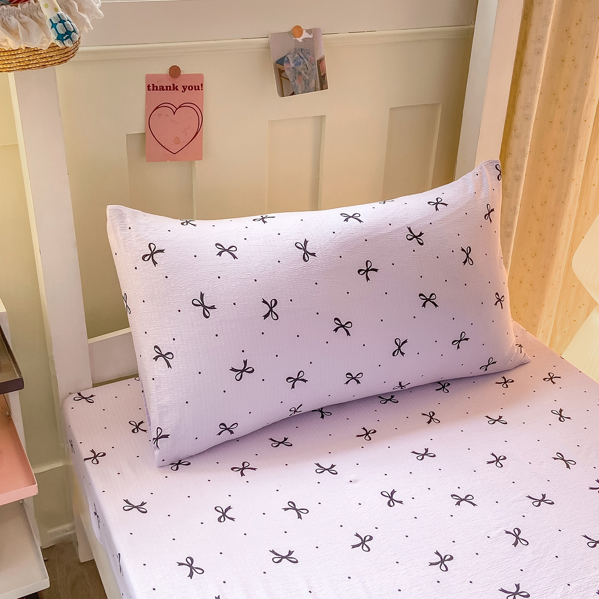 91家纺网 家纺一手货源 找家纺 眠势力 2025新款ins云感双层纱学生宿舍上下铺奶油风云感四季款单床笠床笠单件 紫韵蝴蝶结