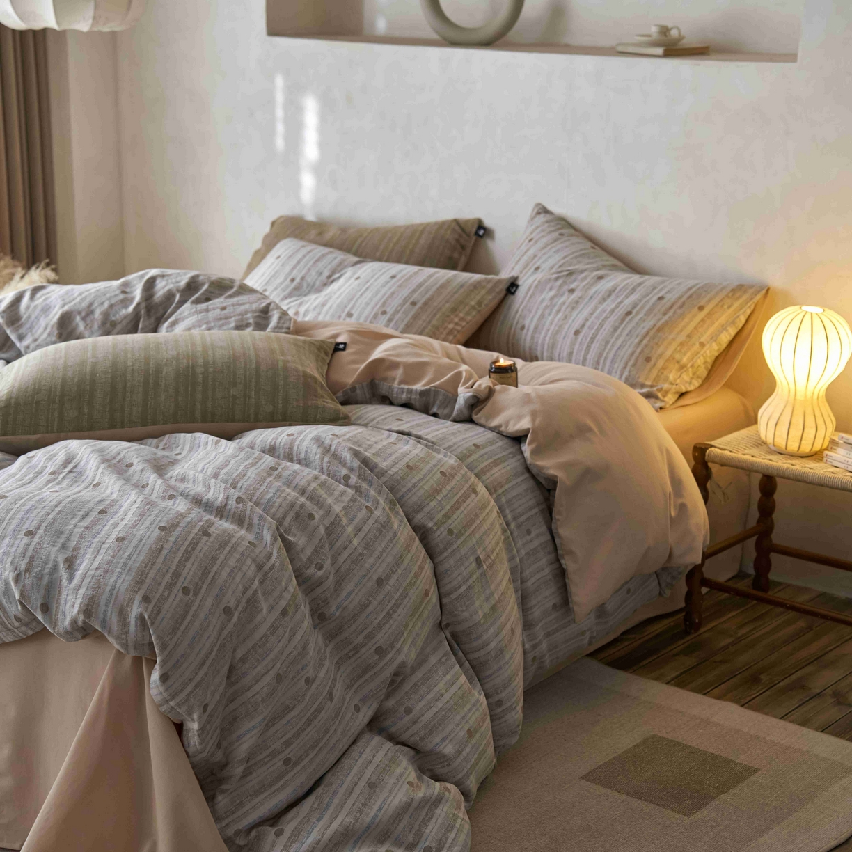 91家纺网 家纺一手货源 找家纺 （总）安莱生活 2025春夏新款空气层色织提花四件套海盐波点系列