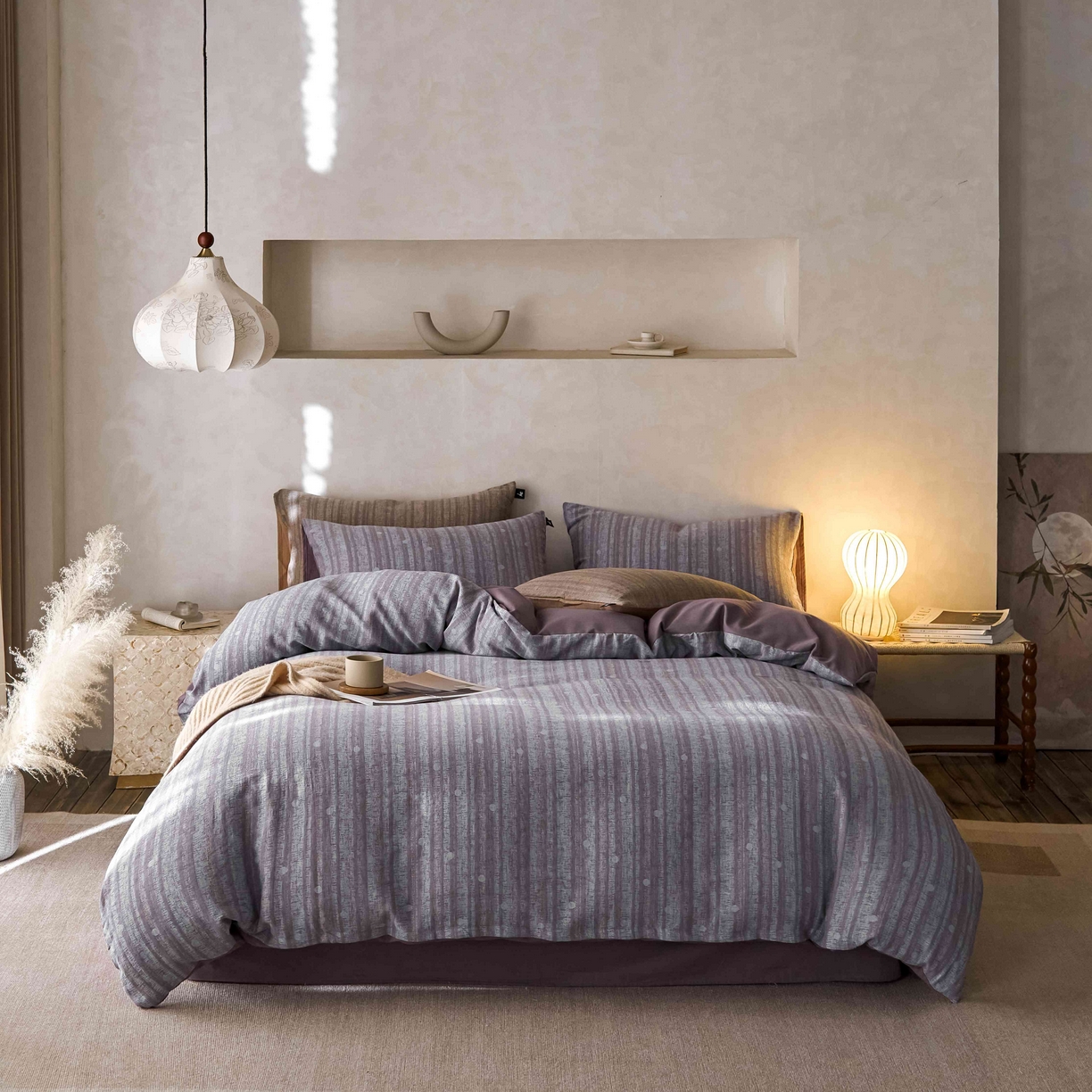 91家纺网 家纺一手货源 找家纺 安莱生活 2025春夏新款空气层色织提花四件套海盐波点系列 海盐波点-紫灰