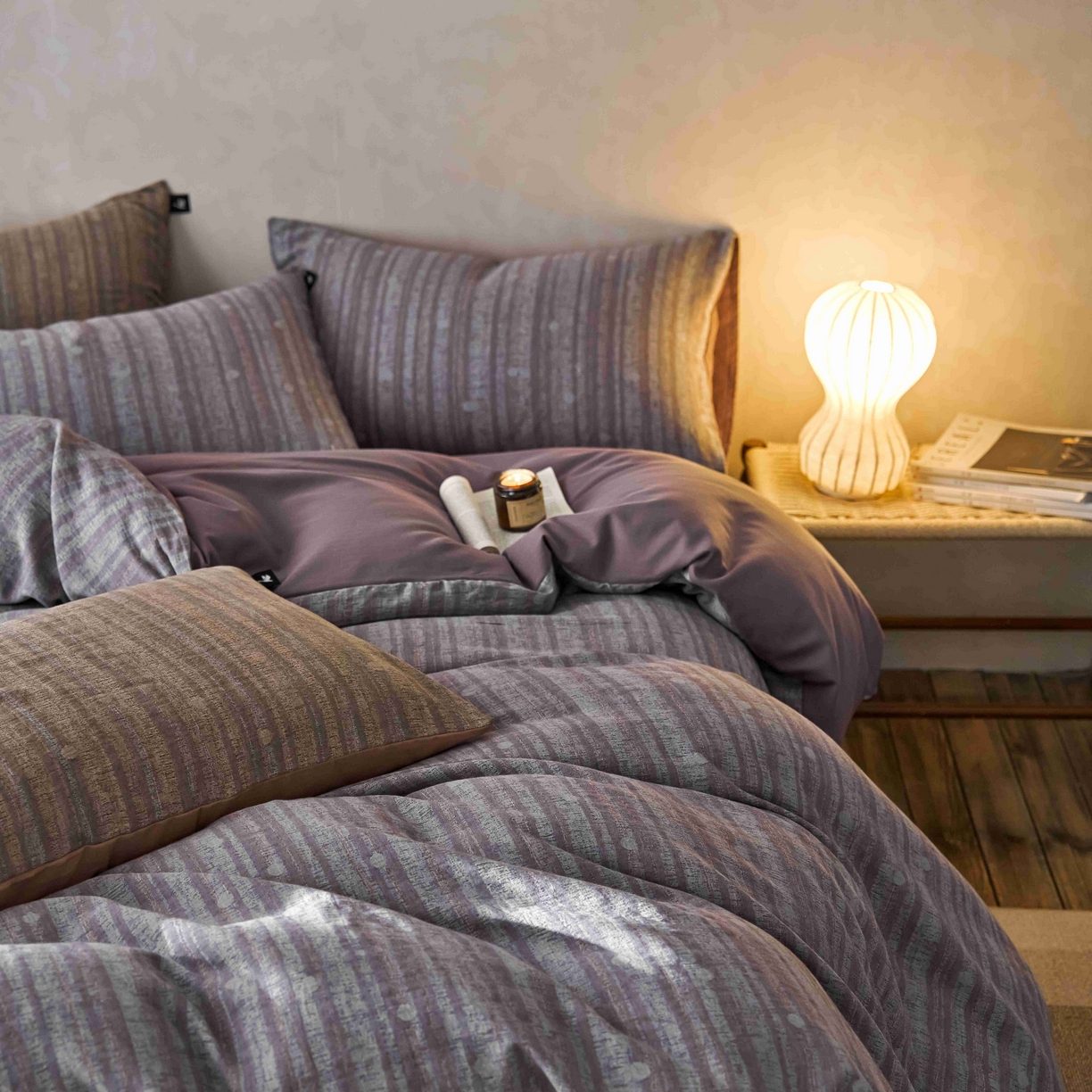 91家纺网 家纺一手货源 找家纺 安莱生活 2025春夏新款空气层色织提花四件套海盐波点系列 海盐波点-紫灰