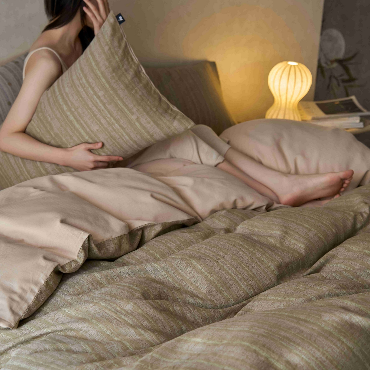 91家纺网 家纺一手货源 找家纺 安莱生活 2025春夏新款空气层色织提花四件套海盐波点系列 海盐波点-咖绿