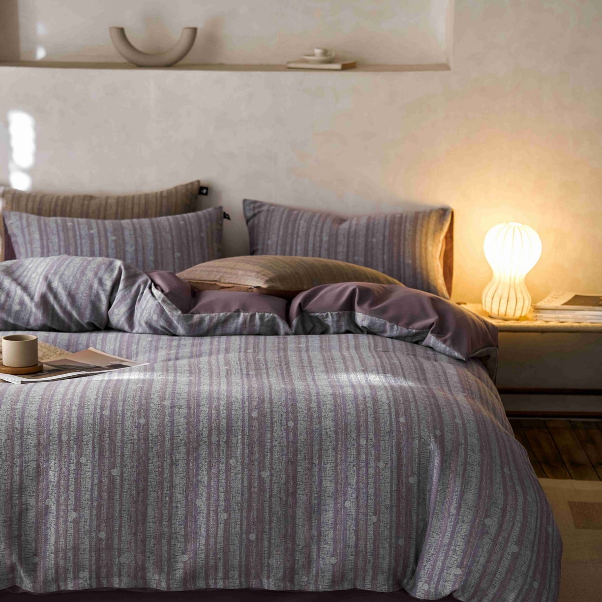 91家纺网 家纺一手货源 找家纺 安莱生活 2025春夏新款空气层色织提花四件套海盐波点系列 海盐波点-紫灰