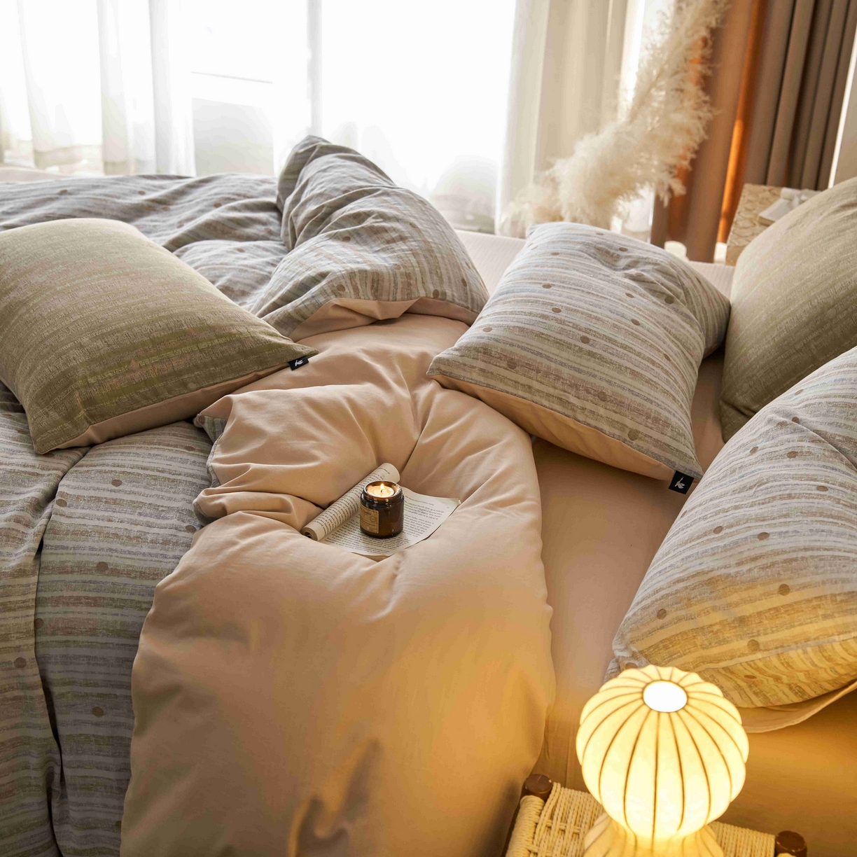 91家纺网 家纺一手货源 找家纺 安莱生活 2025春夏新款空气层色织提花四件套海盐波点系列 海盐波点-白咖