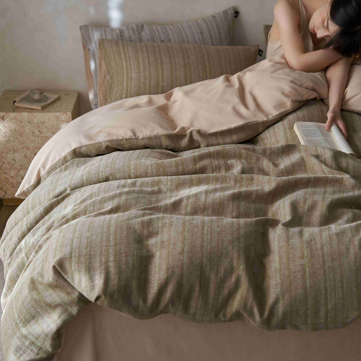 91家纺网 家纺一手货源 找家纺 安莱生活 2025春夏新款空气层色织提花四件套海盐波点系列 海盐波点-咖绿