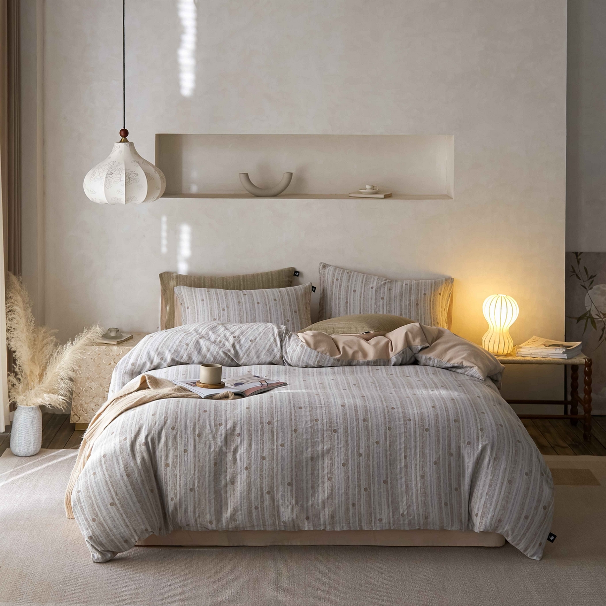 91家纺网 家纺一手货源 找家纺 安莱生活 2025春夏新款空气层色织提花四件套海盐波点系列 海盐波点-白咖