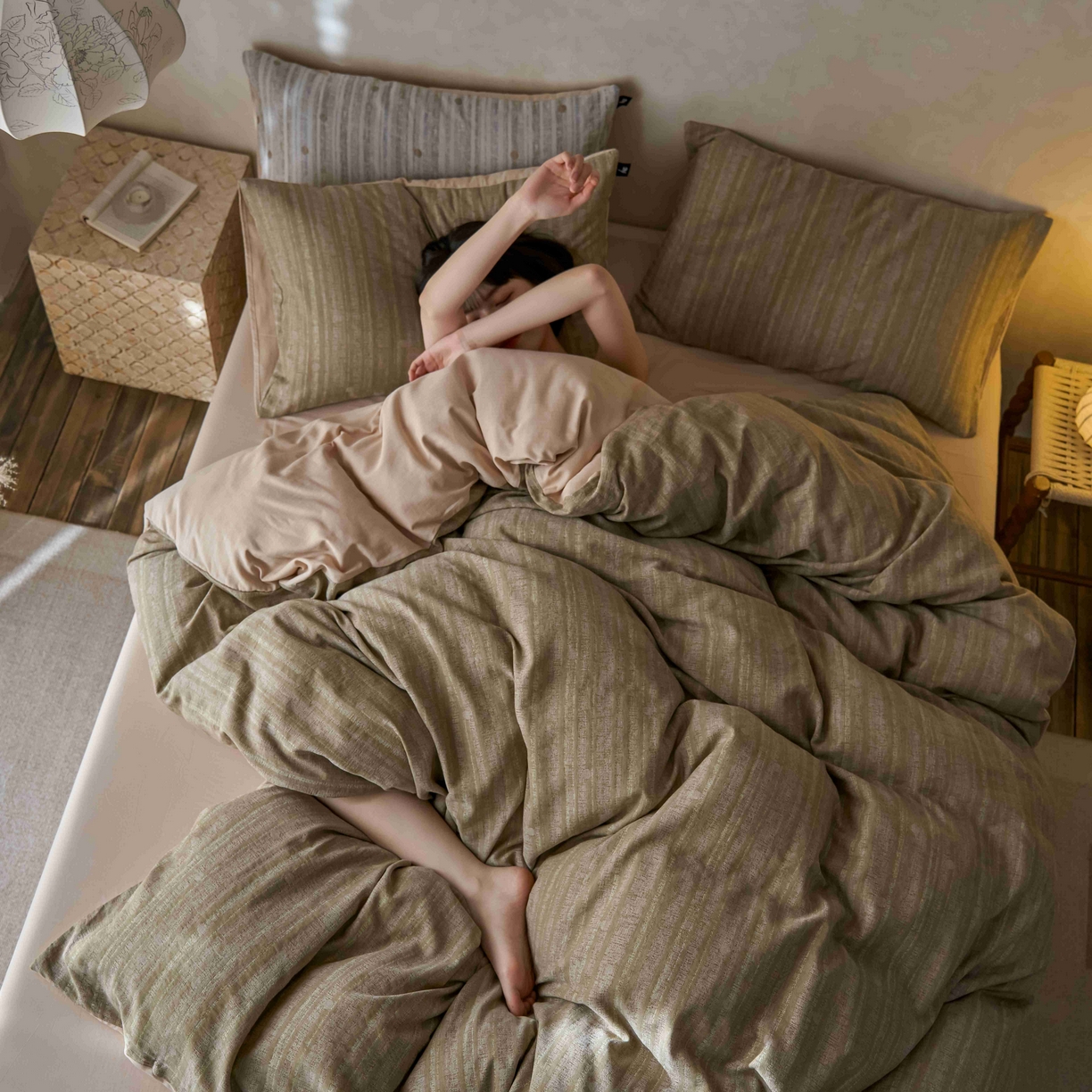 91家纺网 家纺一手货源 找家纺 安莱生活 2025春夏新款空气层色织提花四件套海盐波点系列 海盐波点-咖绿