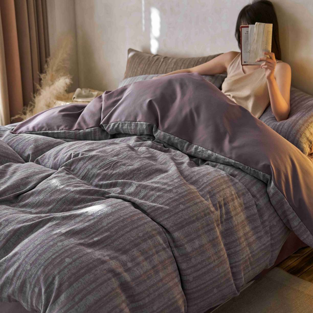 91家纺网 家纺一手货源 找家纺 安莱生活 2025春夏新款空气层色织提花四件套海盐波点系列 海盐波点-紫灰