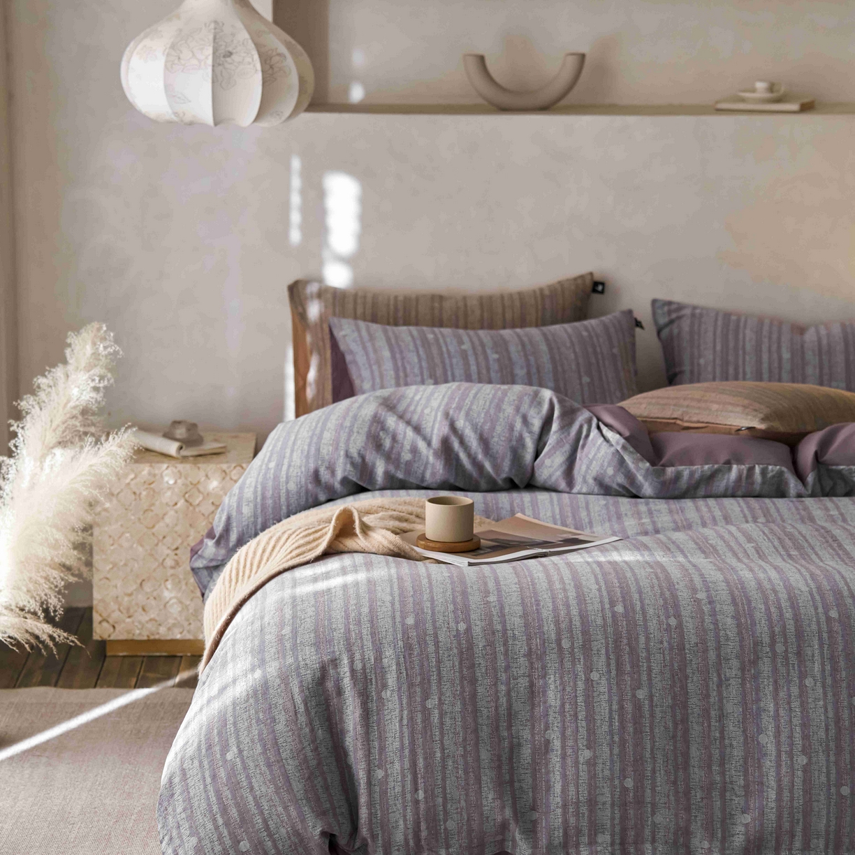 91家纺网 家纺一手货源 找家纺 安莱生活 2025春夏新款空气层色织提花四件套海盐波点系列 海盐波点-紫灰