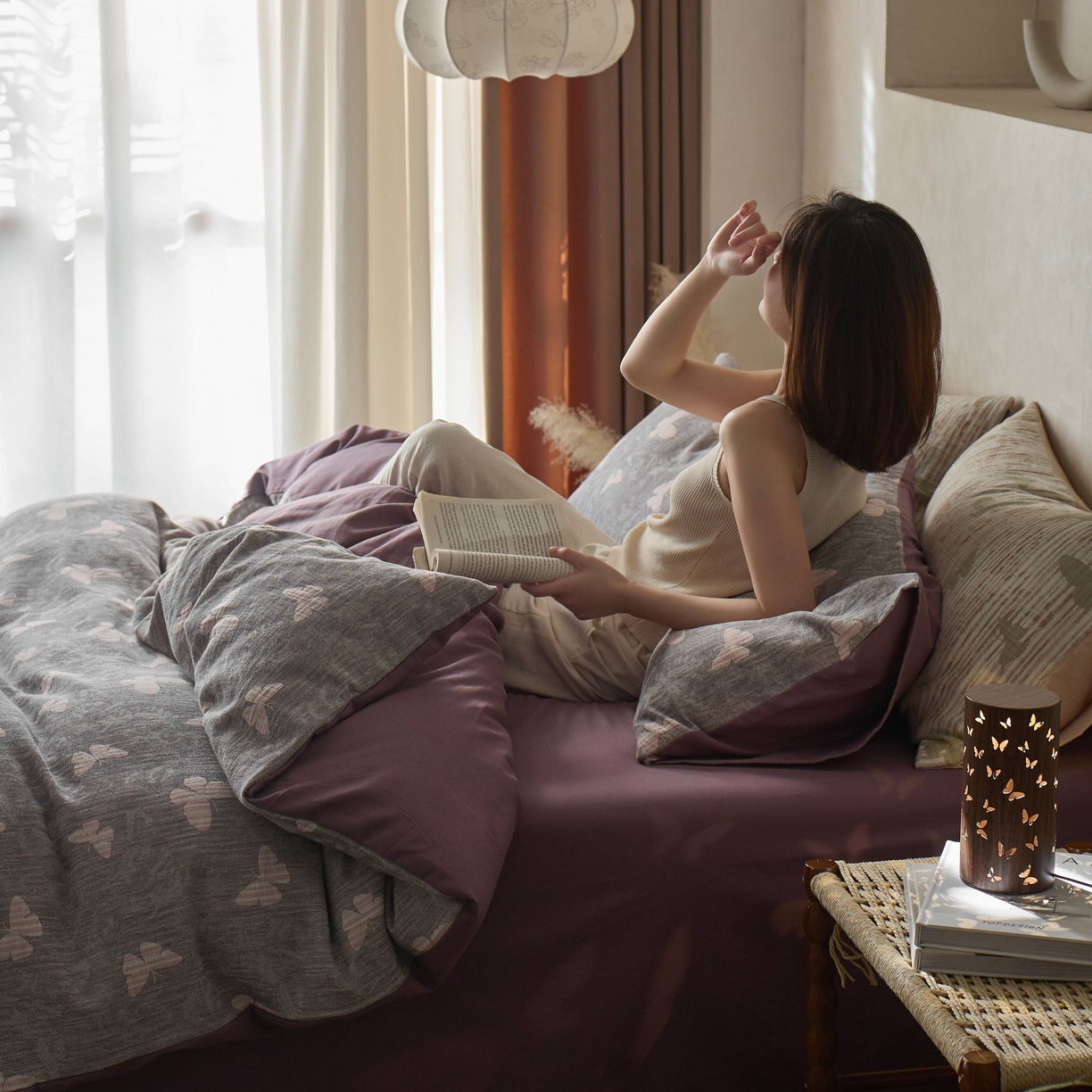 91家纺网 家纺一手货源 找家纺 （总）安莱生活 2025春夏新款空气层色织提花四件套蝴蝶美梦系列