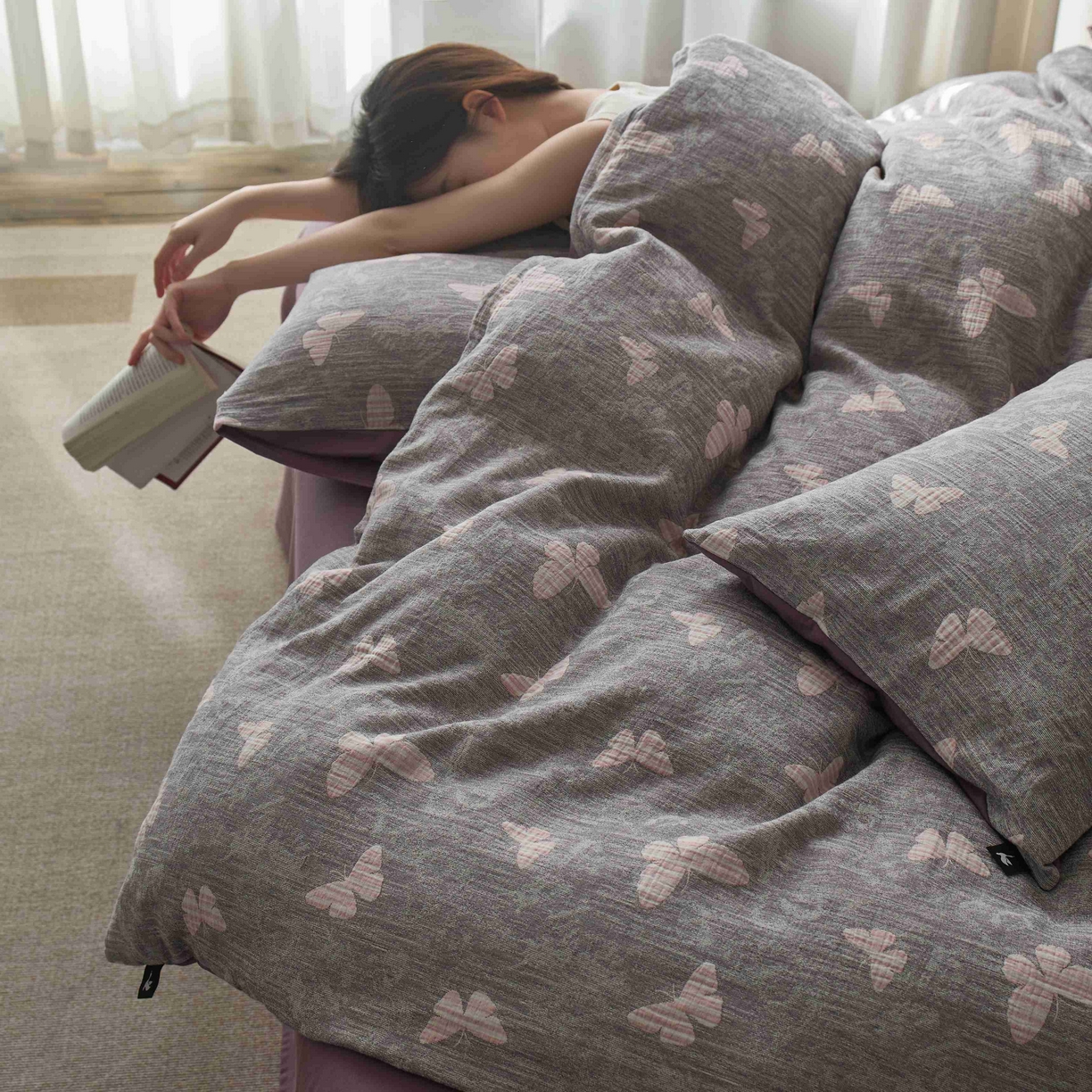 91家纺网 家纺一手货源 找家纺 （总）安莱生活 2025春夏新款空气层色织提花四件套蝴蝶美梦系列