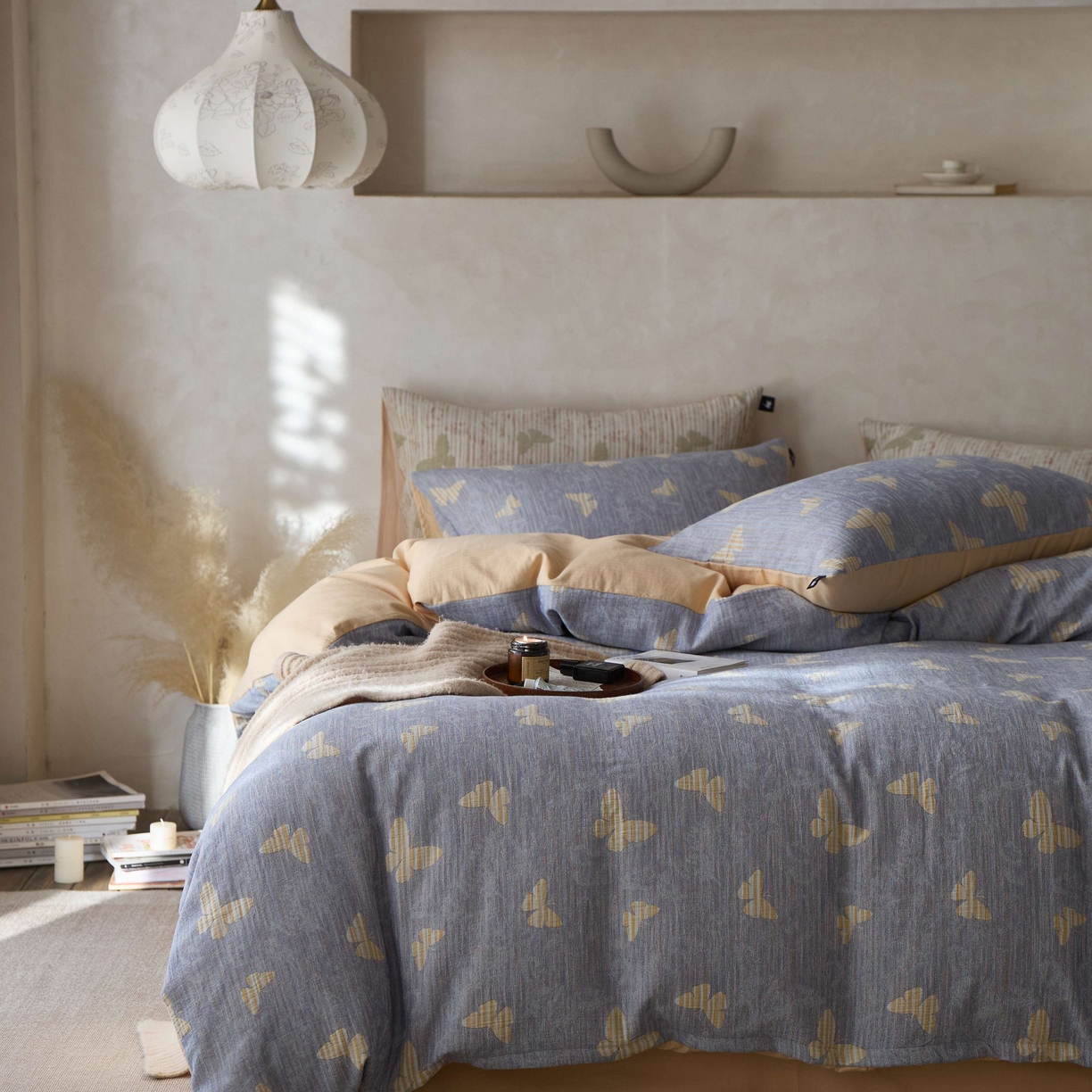 安莱生活 2025春夏新款空气层色织提花四件套蝴蝶美梦系列 蝴蝶美梦-蓝黄