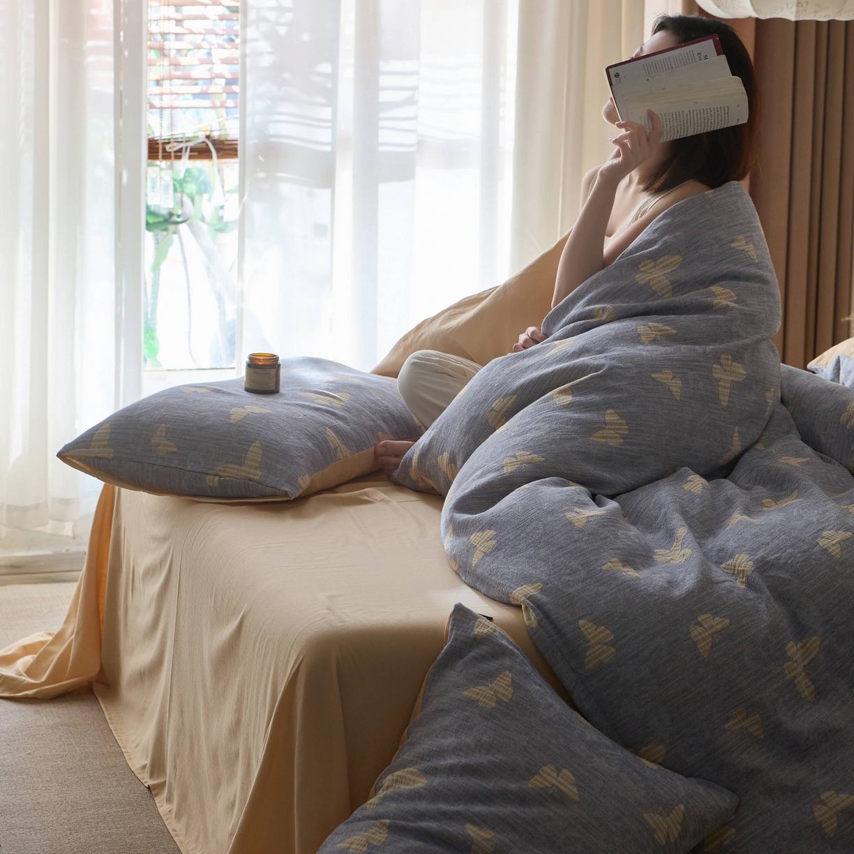 91家纺网 家纺一手货源 找家纺 安莱生活 2025春夏新款空气层色织提花四件套蝴蝶美梦系列 蝴蝶美梦-蓝黄