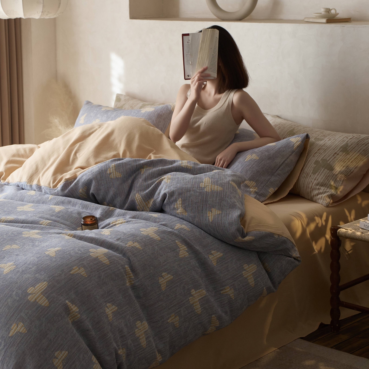 91家纺网 家纺一手货源 找家纺 安莱生活 2025春夏新款空气层色织提花四件套蝴蝶美梦系列 蝴蝶美梦-蓝黄