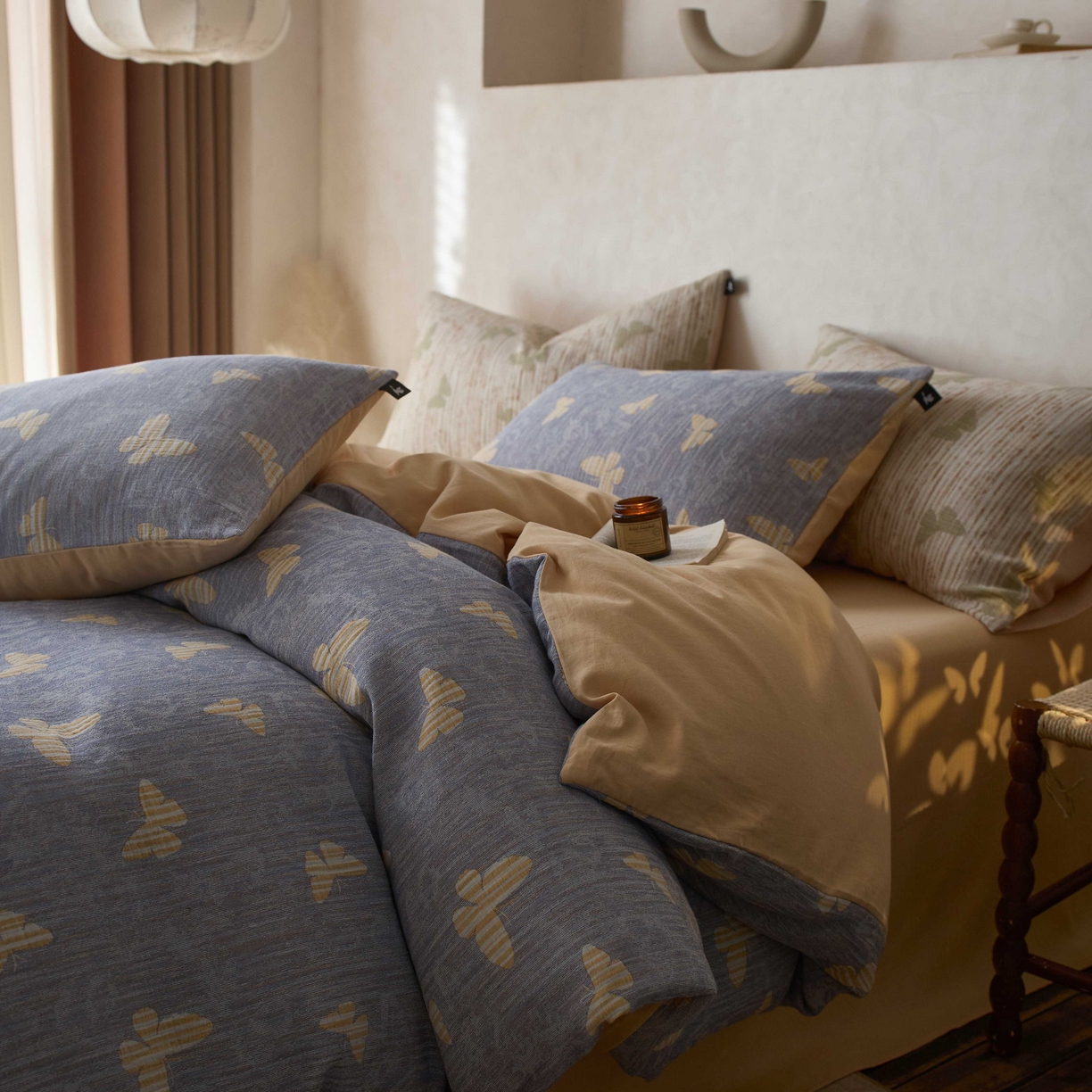 91家纺网 家纺一手货源 找家纺 安莱生活 2025春夏新款空气层色织提花四件套蝴蝶美梦系列 蝴蝶美梦-蓝黄