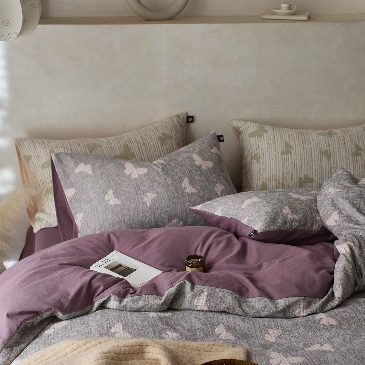 91家纺网 家纺一手货源 找家纺 安莱生活 2025春夏新款空气层色织提花四件套蝴蝶美梦系列 蝴蝶美梦-灰紫