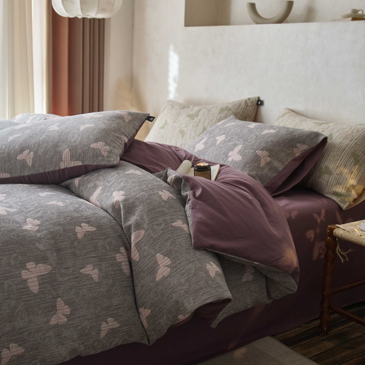 91家纺网 家纺一手货源 找家纺 安莱生活 2025春夏新款空气层色织提花四件套蝴蝶美梦系列 蝴蝶美梦-灰紫