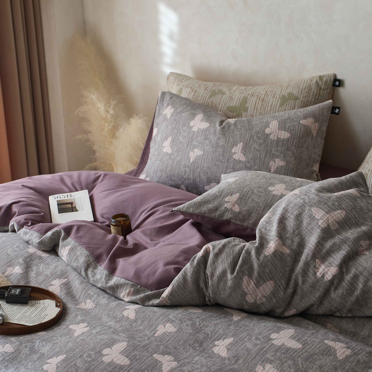 91家纺网 家纺一手货源 找家纺 安莱生活 2025春夏新款空气层色织提花四件套蝴蝶美梦系列 蝴蝶美梦-灰紫