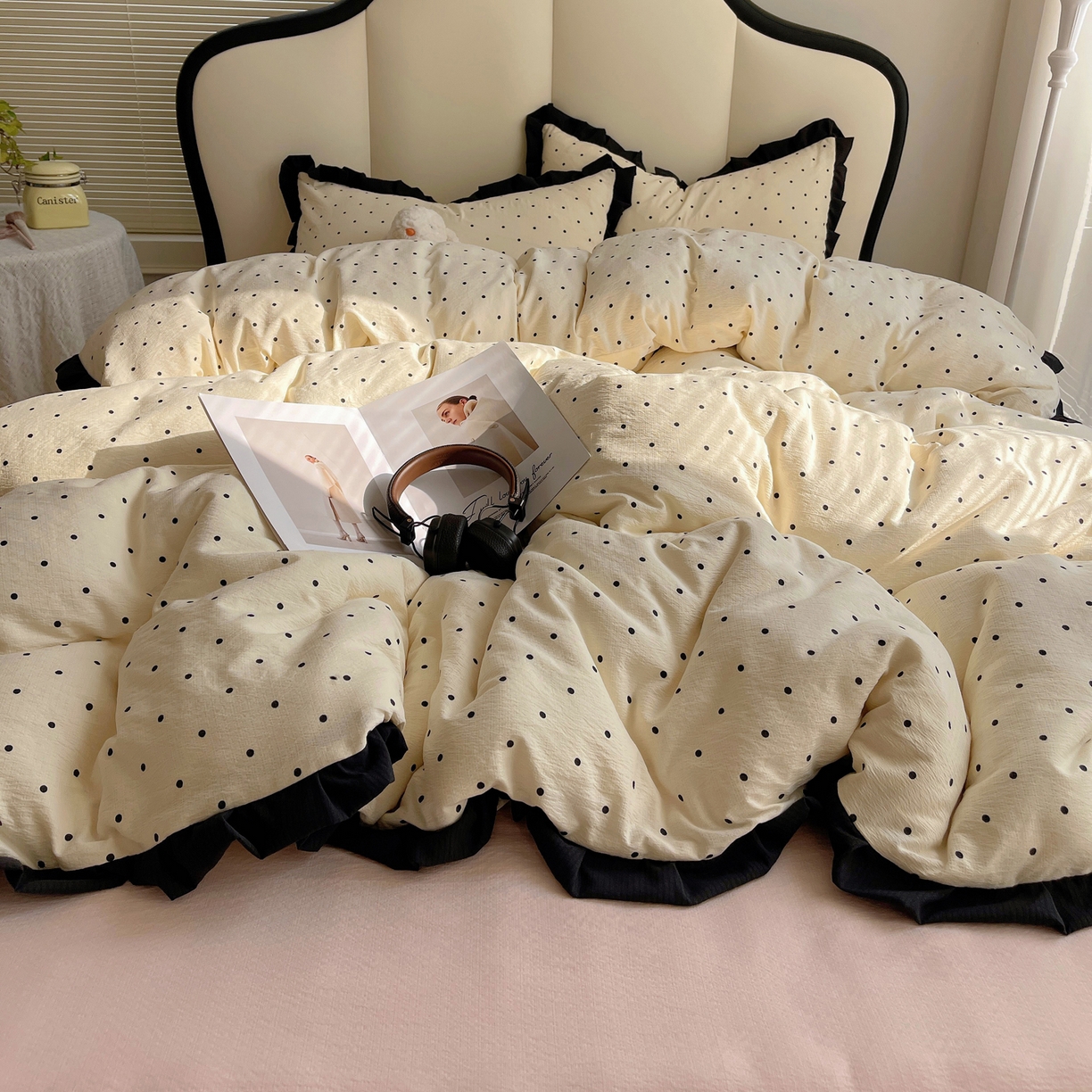 91家纺网 家纺一手货源 找家纺 （总）韩巢家纺 2025新款黑皱皱双层纱花边款被套四件套直播热销款学生宿舍床单三件套-（提供卖家秀）