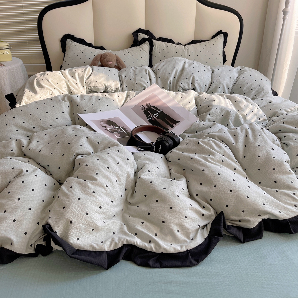 91家纺网 家纺一手货源 找家纺 （总）韩巢家纺 2025新款黑皱皱双层纱花边款被套四件套直播热销款学生宿舍床单三件套-（提供卖家秀）