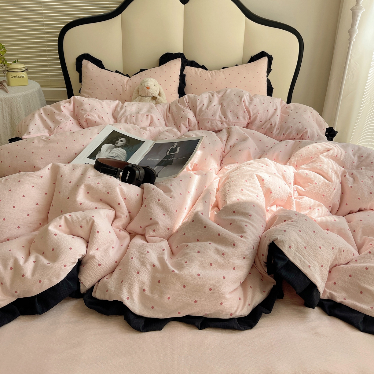 91家纺网 家纺一手货源 找家纺 （总）韩巢家纺 2025新款黑皱皱双层纱花边款被套四件套直播热销款学生宿舍床单三件套-（提供卖家秀）