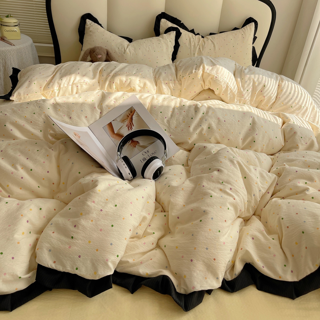 91家纺网 家纺一手货源 找家纺 （总）韩巢家纺 2025新款黑皱皱双层纱花边款被套四件套直播热销款学生宿舍床单三件套-（提供卖家秀）