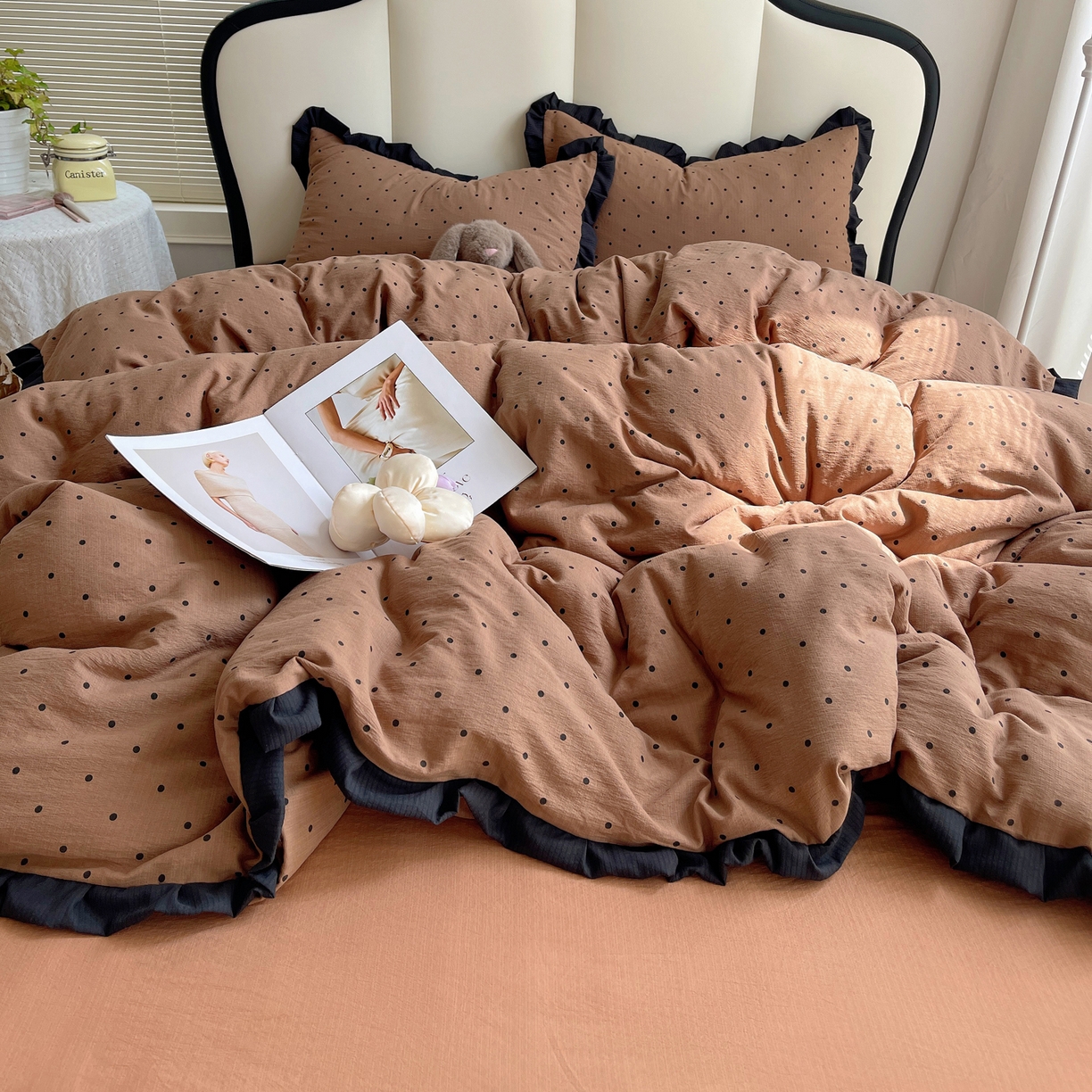 91家纺网 家纺一手货源 找家纺 （总）韩巢家纺 2025新款黑皱皱双层纱花边款被套四件套直播热销款学生宿舍床单三件套-（提供卖家秀）