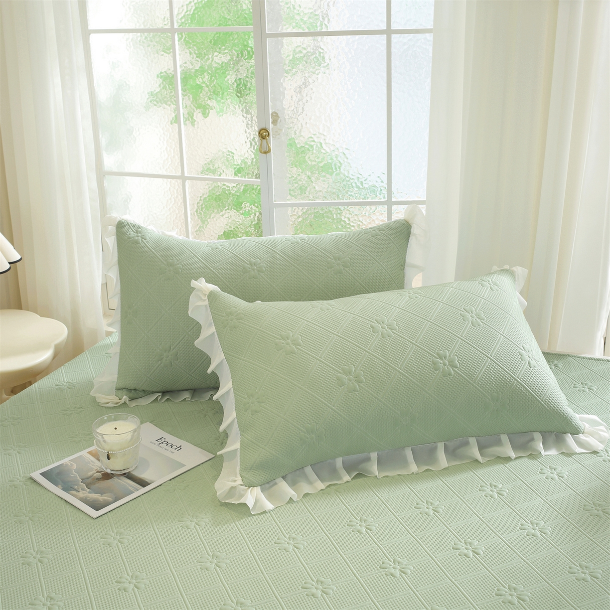 91家纺网 家纺一手货源 找家纺 共鸣沙发垫 2025新款凉感四叶草床裙款凉席席子 床裙四叶草绿色