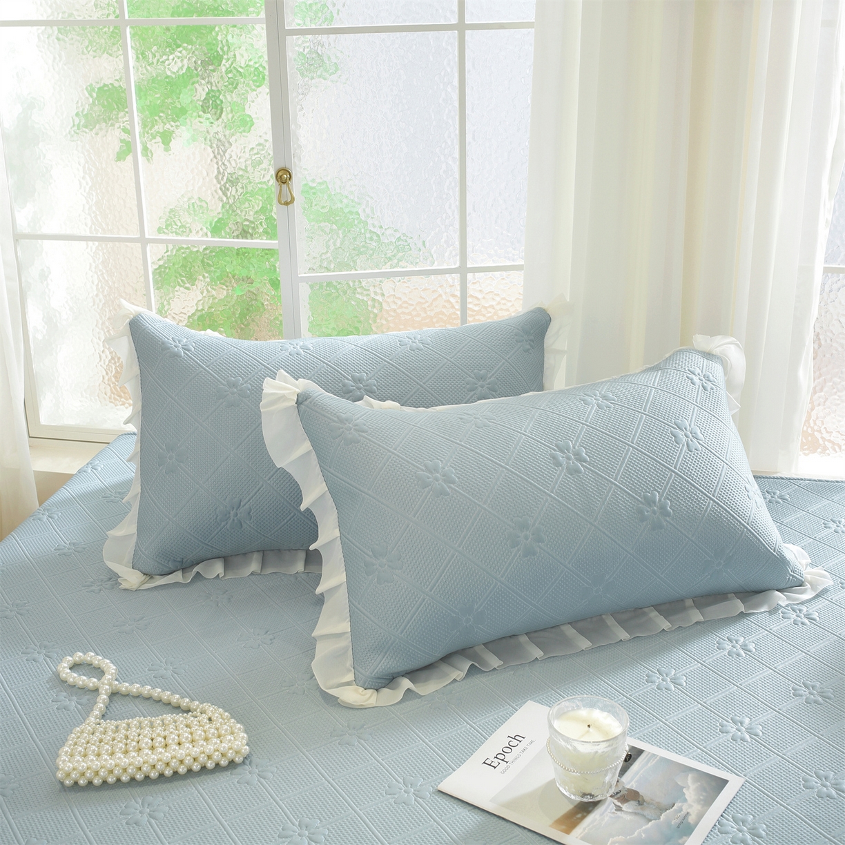 91家纺网 家纺一手货源 找家纺 共鸣沙发垫 2025新款凉感四叶草床裙款凉席席子 床裙四叶草蓝色