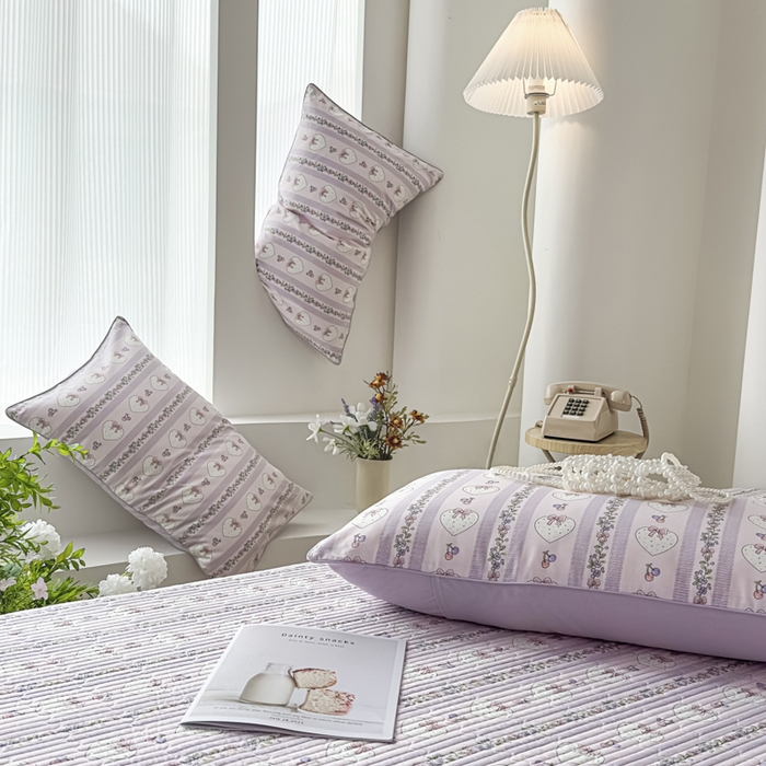 91家纺网 家纺一手货源 找家纺 橘夏家纺 2025新款A类莱赛尔天丝棉印花床盖-自由几何 蝴蝶结甜心-薰衣紫