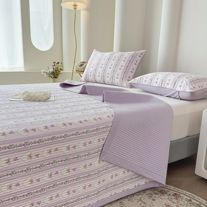橘夏家纺 2025新款A类莱赛尔天丝棉印花床盖-自由几何 蝴蝶结甜心-薰衣紫