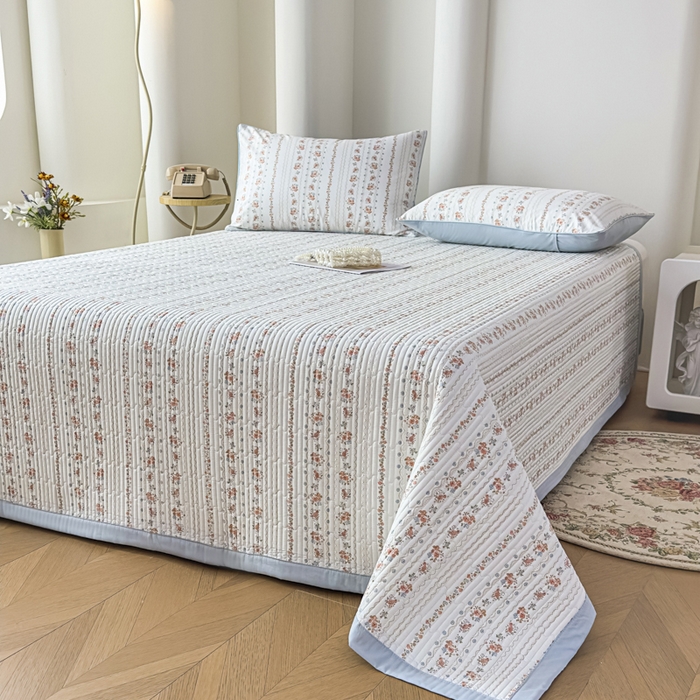 橘夏家纺 2025新款A类莱赛尔天丝棉印花床盖-自由几何 自由小玫瑰-天蓝