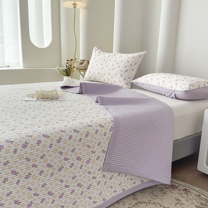 恒尚居 2025新款A类莱赛尔天丝棉印花床盖-稀疏小花 五叶草玫瑰-薰衣紫