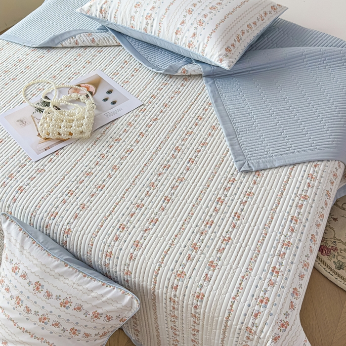 91家纺网 家纺一手货源 找家纺 恒尚居 2025新款A类莱赛尔天丝棉印花床盖-自由几何 自由小玫瑰-天蓝