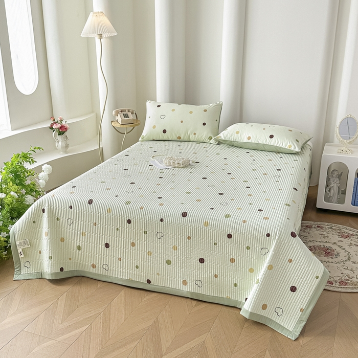 91家纺网 家纺一手货源 找家纺 恒尚居 2025新款A类莱赛尔天丝棉印花床盖-自由几何 心爱小圆点-绿意